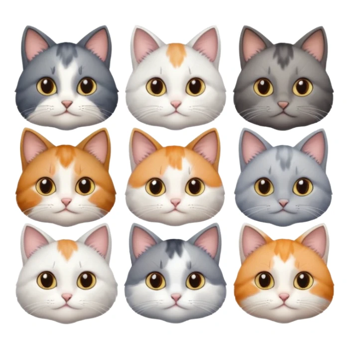 6 realistic looking cats with different natural coloured coats, assorted grey and white, greys, calico, brown and white colours etc
 sticker