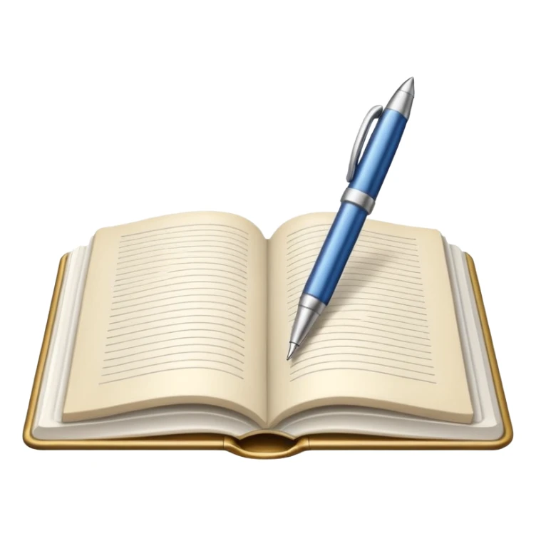 "A white open book,The pen should be positioned as placed exactly in the center between the pages.  if held by a right-handed person - meaning the direction is reversed compared to a left-handed grip. The pen should be uncapped, and the cap placed behind it." sticker
