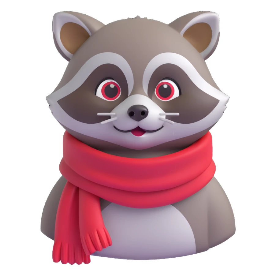 mischievous raccoon wearing a red scarf, 3D emoji style sticker
