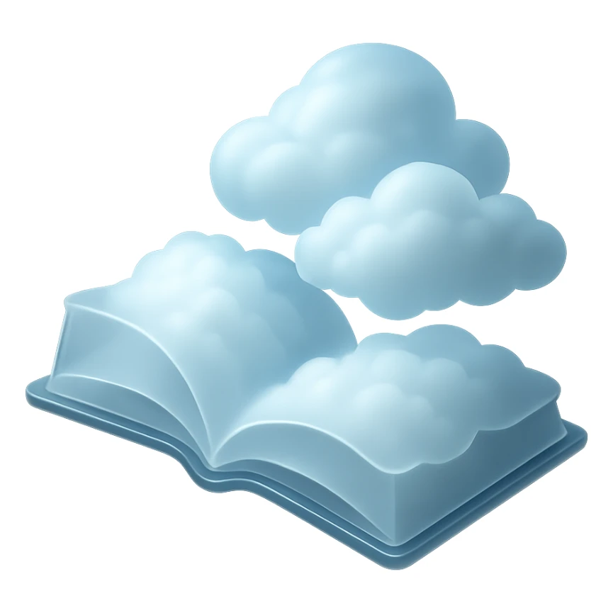 open book with cloudy pages, fluffy white clouds instead of paper, matte glass style sticker
