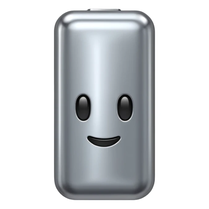 A battery emoji made of silver chrome, smooth rounded shape, minimal futuristic design, glossy metallic finish, soft reflections, iOS emoji style, centered on clean white background sticker