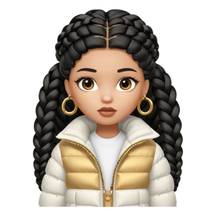 generate a pretty bratz girl with a WHITE puffer jacket, hoops, long braided hair black sticker