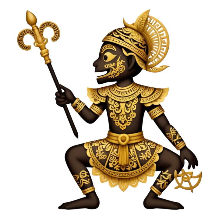 Cinematic Realistic Wayang Kulit Emoji, depicted as an intricate shadow puppet with detailed cut-out figures and traditional patterns, rendered with crisp textures and dynamic cultural lighting that captures its ancient artistry. sticker