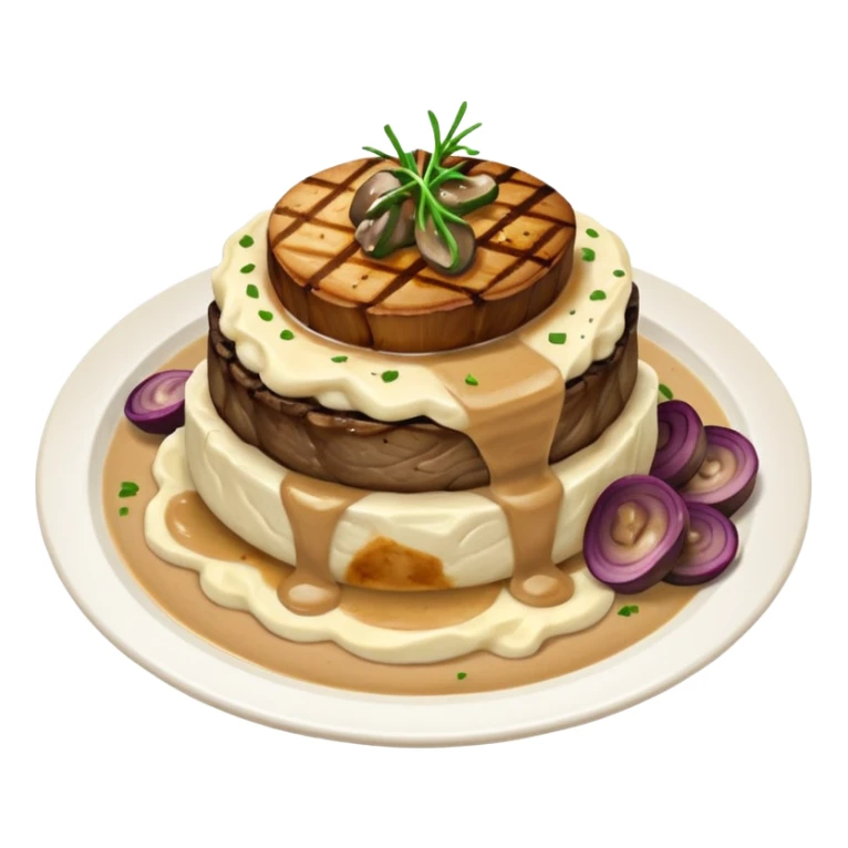 One Filet with mashed potato’s covered with mushroom gravy with grilled onions sticker