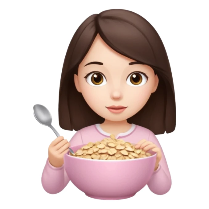 Brunette girl eating oats in a light pink bowl with a bow top sticker