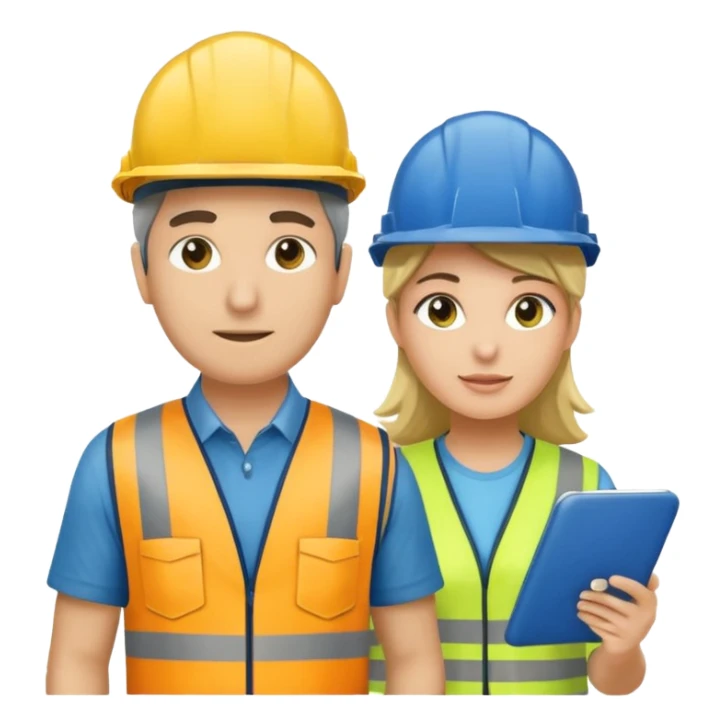 Um homem e uma mulher amarelos com capacete de obras azul escuro e camisa social cinza com faixas refletivas verdes nos braços. Um deles deve estar segurando um megafone sticker