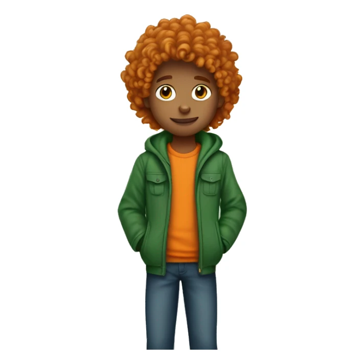 a curly long haird boy with green jacket holding an orange cat sticker