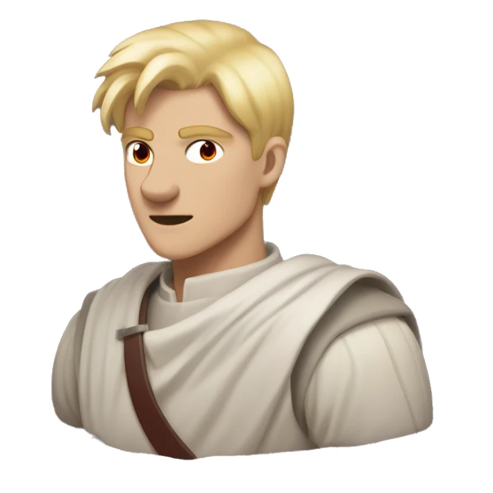 A man, with sharp dark red eyes and flowing blond short hair, eyes piercing straight ahead, mouth slightly turned up, have the spirit of overlord sticker