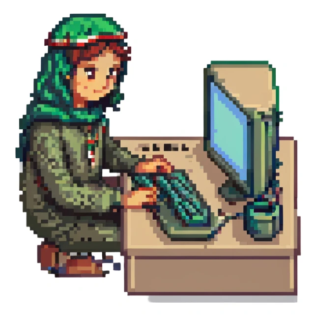 pixel art of a Palestinian coder at a computer, with subtle Palestinian cultural elements sticker