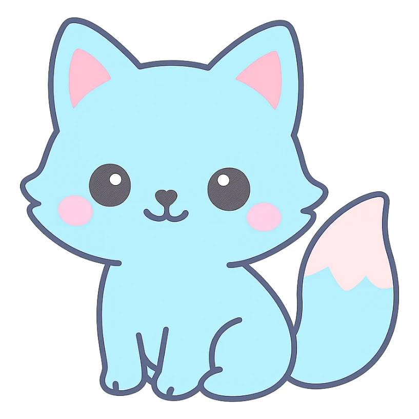 kawaii style blue fox, sitting, fluffy tail, pastel palette sticker