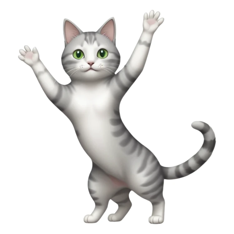 grey and white cat with green eyes doing a big long stretch reaching up into the air with arms and legs side by side together sticker