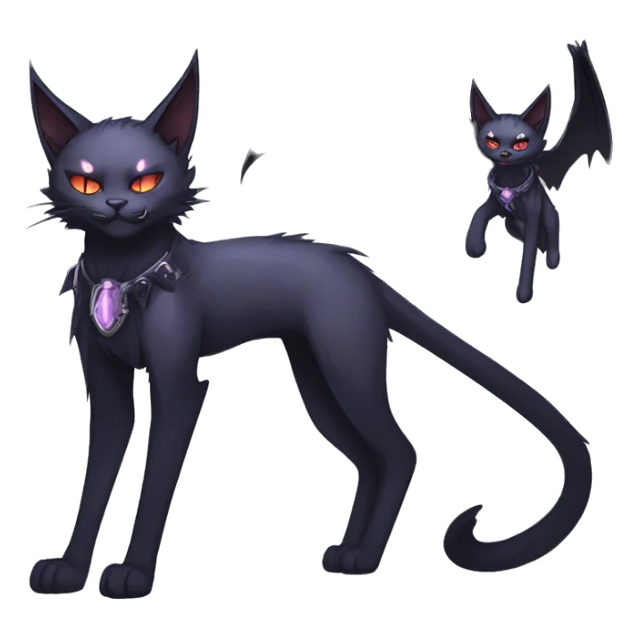   cool edgy beautiful anime-style ethereal dark-punk-themed animal vampiric cat-hybrid Fakemon with fangs and bat-wing-ears with a collar full body sticker