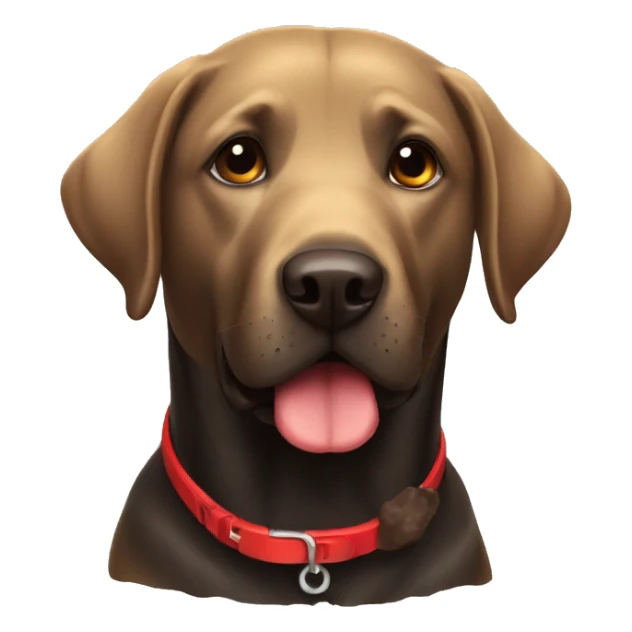 A black dog labrador with a red collar next to poo sticker