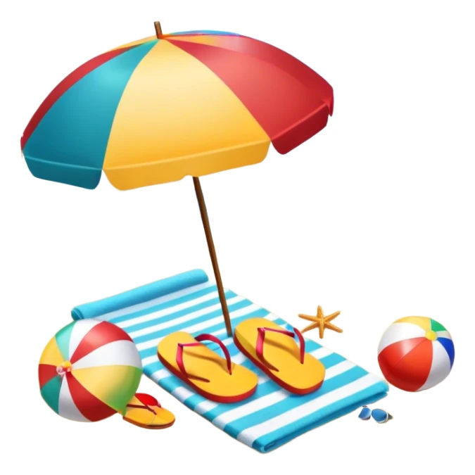 Icon for Beach Tourism: a sandy beach with a beach umbrella, with the ocean landscape in the background, flip-flops, a towel and a beach ball. The icon should capture the relaxation and fun of beach vacations. Transparent background. sticker