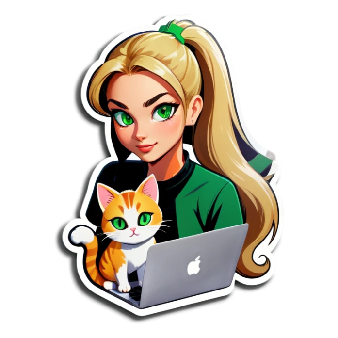 Blonde woman ponytail green eyes with cat and MacBook sticker