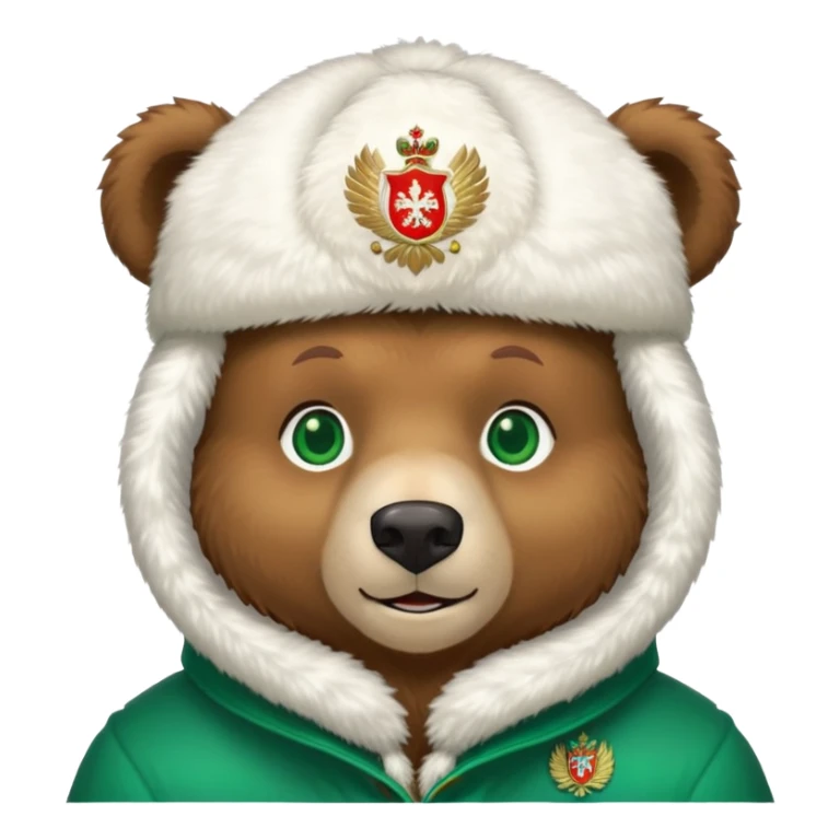 Friendly brown bear face with emerald green eyes, white furry ushanka winter hat with prominent Russian Federation coat of arms, iOS emoji style sticker