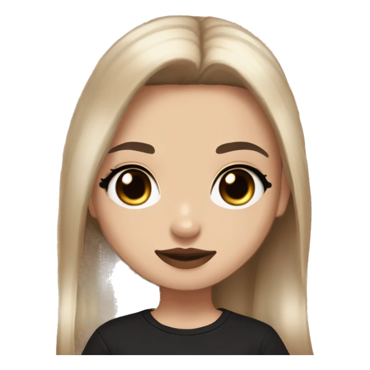 Slavic girl, light skin, goth eyes makeup, pink beige lips, brown eyes, long black-to-blonde ombre straight hair, black T-shirt, chibi, smiling. sticker