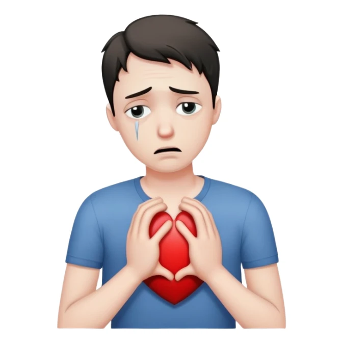 man with anxious attachment style with tears in eyes looking devastated, large broken heart symbol next to him, slumped posture showing emotional pain, hands reaching out desperately despite rejection sticker