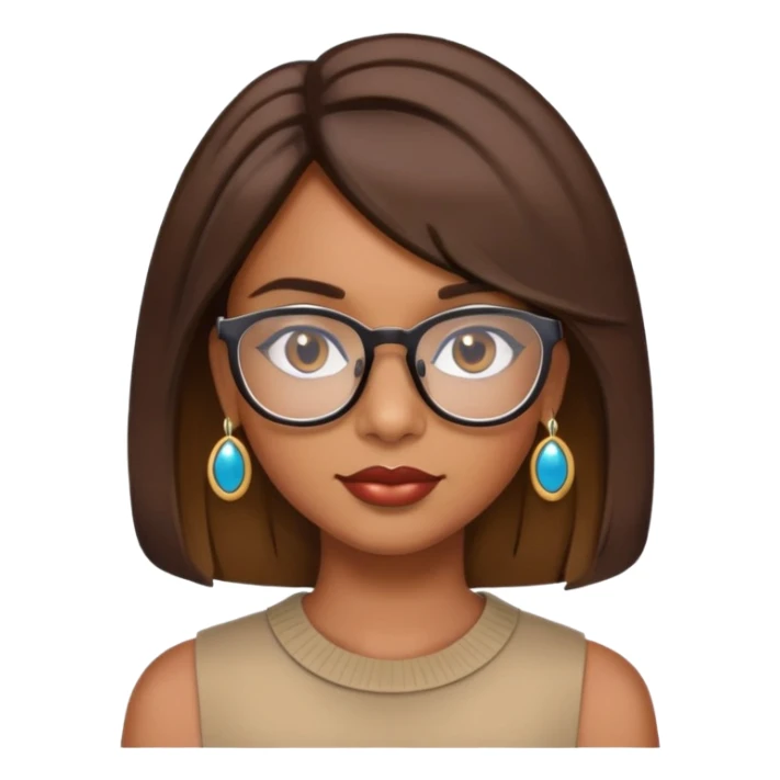 Brown girl with shoulder length bob with layers. She wears glasses and has on earrings and lipgloss sticker