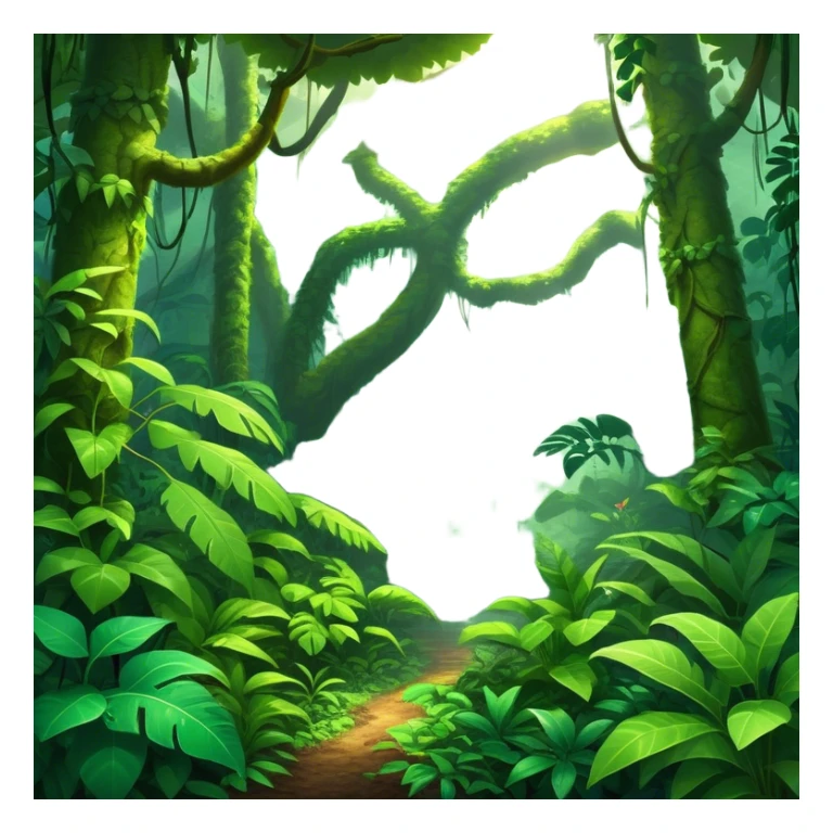 Cinematic Realistic Rainforest Emoji, Lush and vibrant, filled with towering trees, thick vines, and dense green foliage, sunlight filtering through the canopy above, creating dappled patches of light on the rich, diverse undergrowth. The air is heavy with moisture, with mist rising from the forest floor and distant calls of exotic birds and animals echoing through the trees. Soft glowing outline, capturing the essence of a thriving, untamed tropical paradise filled with life! sticker