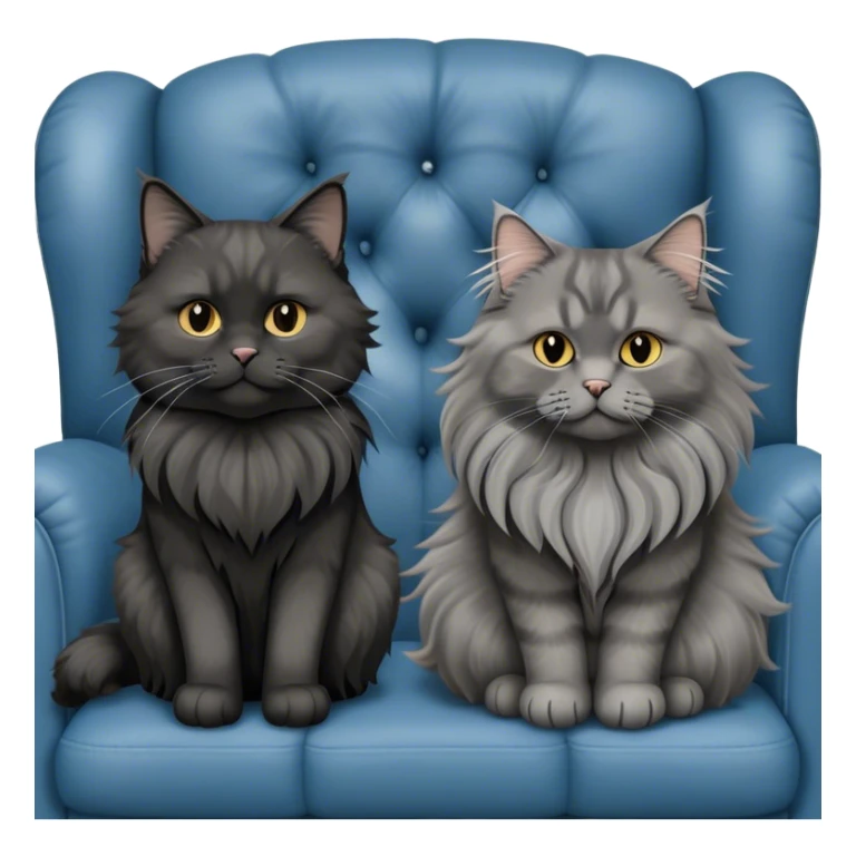 A large black smoke Maine Coon cat with long grey ear tufts and a fluffy grey ruff, sitting next to a chubby British Shorthair cat in blue color with plush fur, both sitting comfortably on a leather sofa. Beautiful room background with flowers and soft lighting. Transparent background. sticker