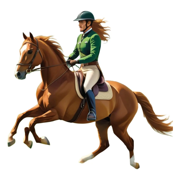 An icon featuring a horse and rider galloping gracefully over a lush green field. The rider is in full gear, guiding the horse with precision. The background shows rolling hills, a clear blue sky, and vibrant sunlight illuminating the scene. Transparent background highlights the elegance sticker