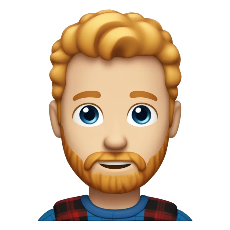 Blond ginger well groomed bearded caucasian man, short hairs, large forehead, blue eyes, red cheeks, black and red lumberjack shirt sticker