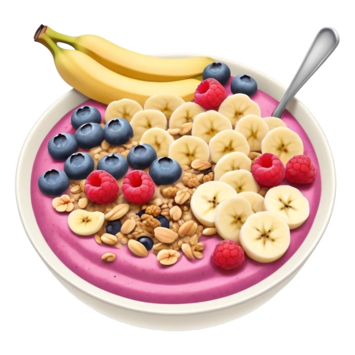 smoothie bowl with bananas, raspberries, blueberries, granola and peanut butter sticker