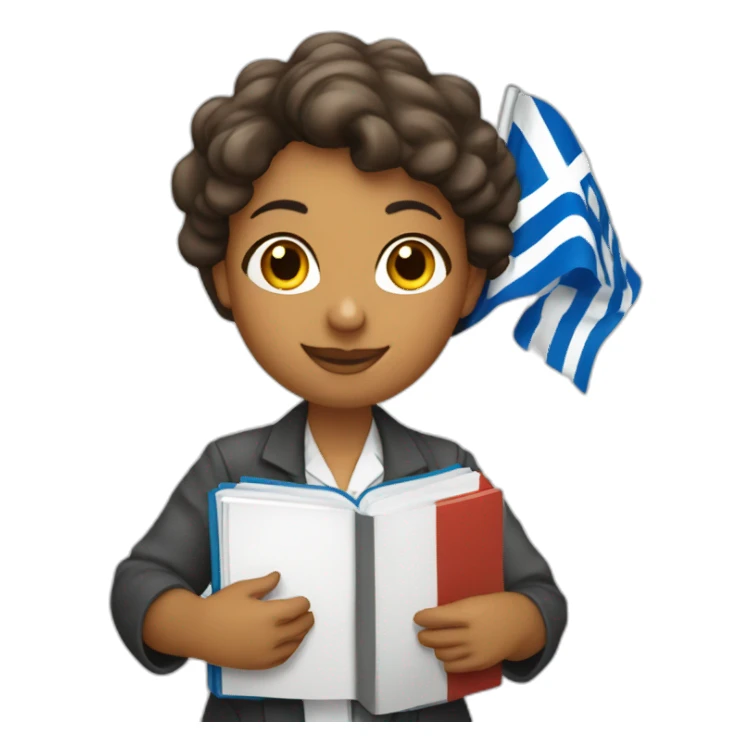 Woman scientist holding a Greek flag and a physics textbook sticker