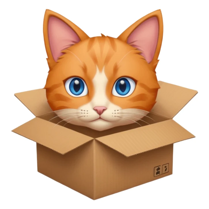 anime character cat that is orange cat, that its body is inside of a simple brown box. cats eyes are blue , but head is showing up. show half the box sticker
