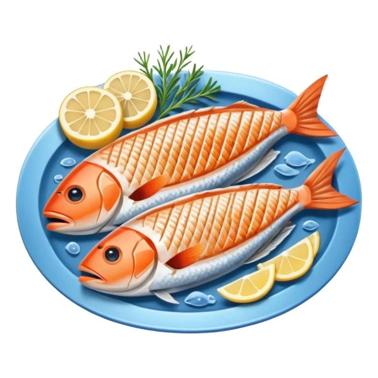 Fish dishes avatar in bright emoji-style illustration. Grilled fish, fillets, and seafood, blue and silver tones, simple shapes, flat design, fresh and flavorful. sticker