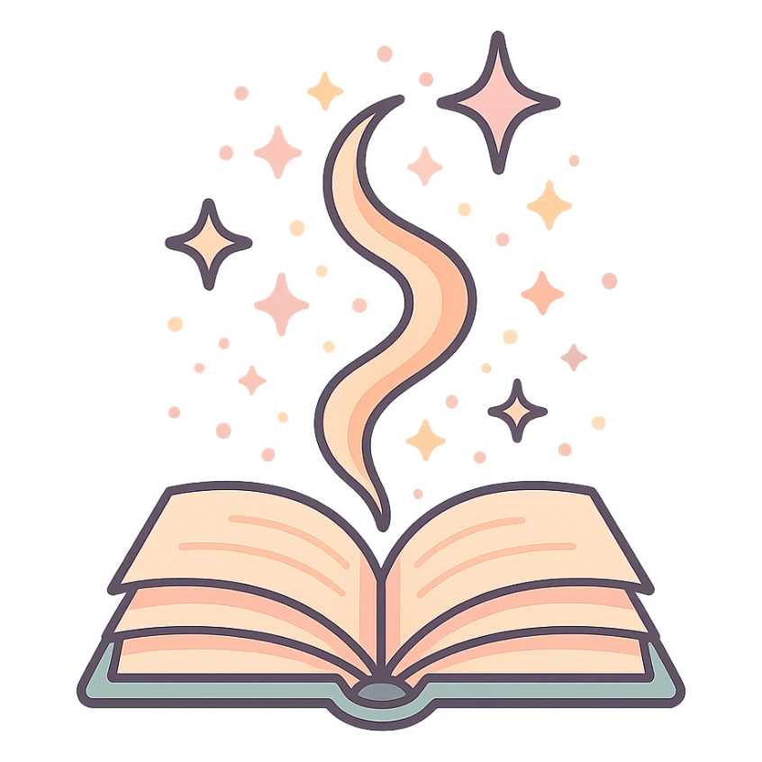 open book with magic flying out — swirl of light, stars, sparks, Chinese eastern style, thin clean outlines, soft rounded shapes, pastel palette #98B5BC, #B5B3C1, #C9A3C9, #E4C0CA, #F7DCD1, #F7C0AA, detailed shadows and highlights, soft lighting, transparent background, no decorative elements sticker