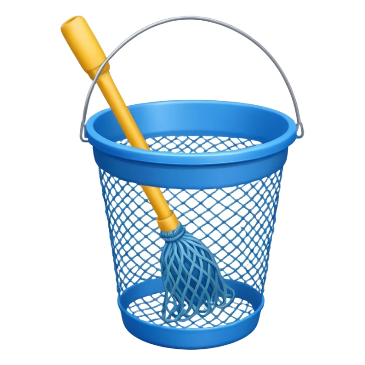 A small bucket with a fishing net leaning against it.
 sticker