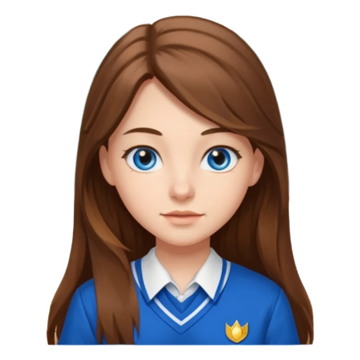 high school class room with a pretty female high school student with long brown hair, blue eyes sticker