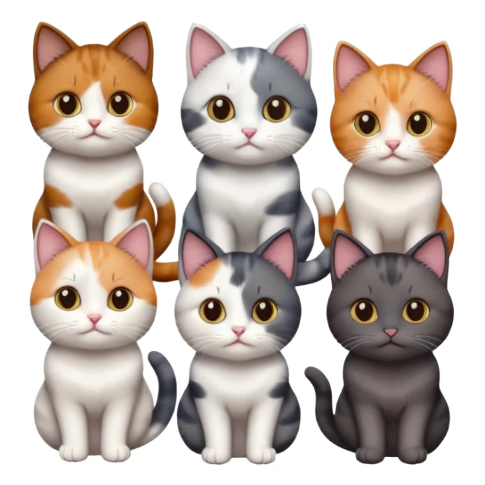 5 different coloured short haired cats including; a dark brown and white cat, and a dark grey and white, and a calico sticker