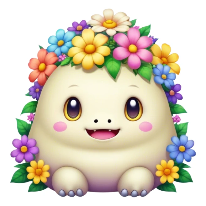Kawaii derpy fat rainbow monster surrounded by magical flowers, rich textures, visually rich, so lifelike that it feels like it could leap off the page at any moment sticker