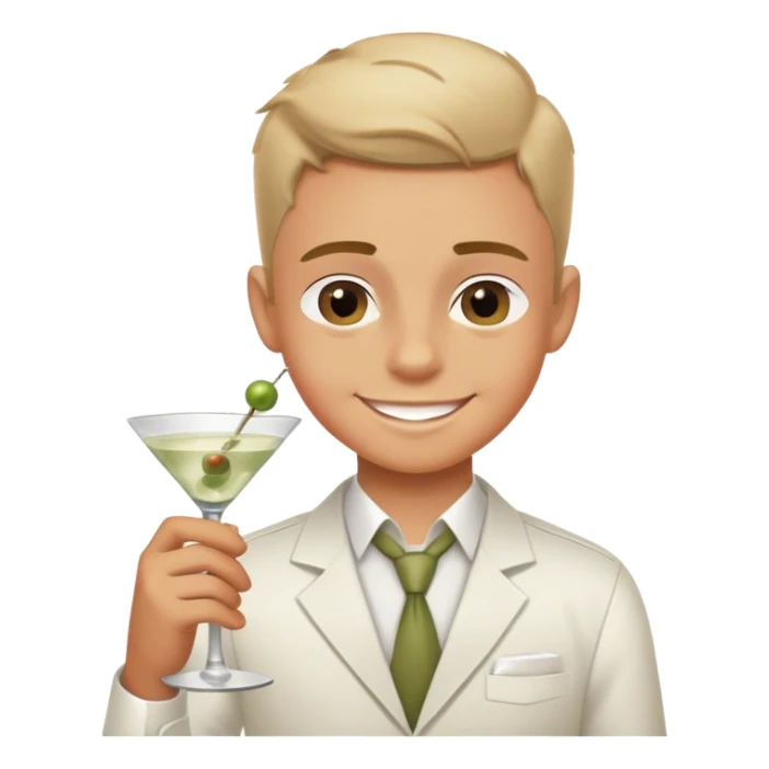 smiling boy in white shirt with dirty martini sticker