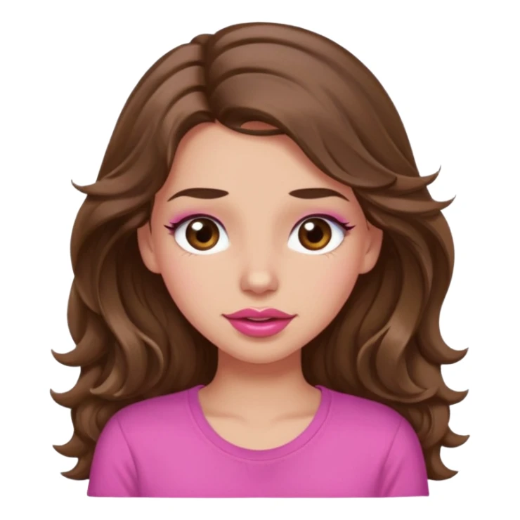 girl with long wavy brown hair, brown eyes, light to medium complexion, in a pink shirt, pink lips, long lashes, puckering lips, winking sticker