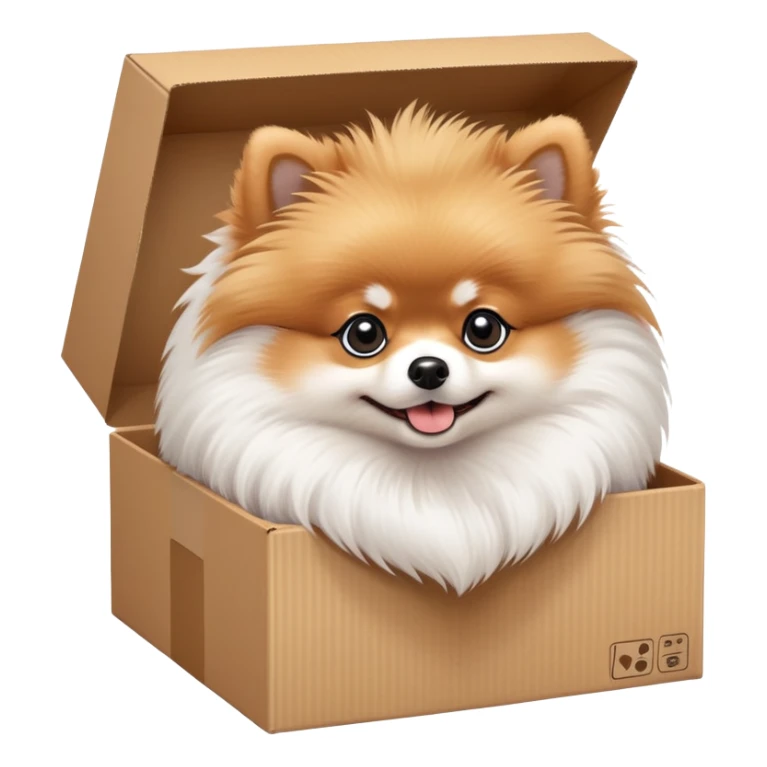  A very cute young pomeranian  with one's head tilted to one side poked its paws out of the cardboard big box and placed them on top of it sticker