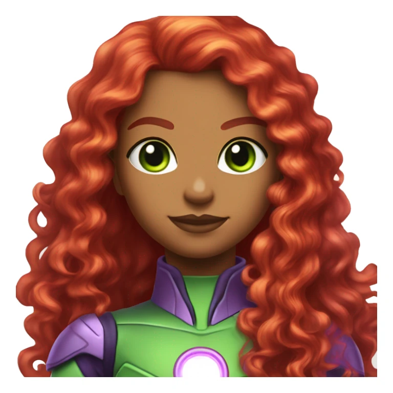 dc comics starfire glowing green eyes red curly long hair, purple and silver spacesuit with no helmet no green  sticker