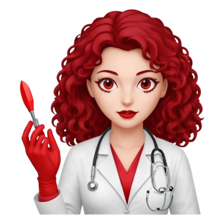Lilith scalpel in hand, evil surgeon red outfit.  She has red eyes. She has dark brown long curly hair. Wears sexy doctor outfit with red gloves sticker