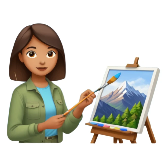 Female artist painting a beautiful mountain peak destination on canvas sticker