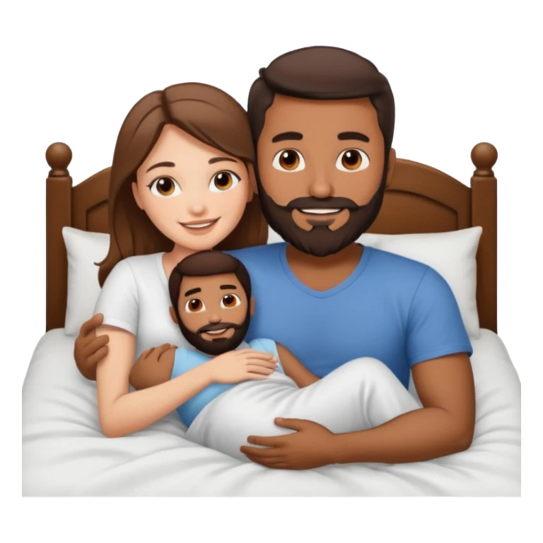 brown man cuddling white brunette woman in bed  sticker