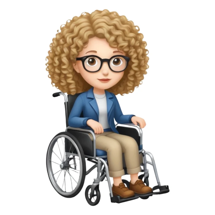 White woman with curly hair and glasses in a wheelchair. sticker