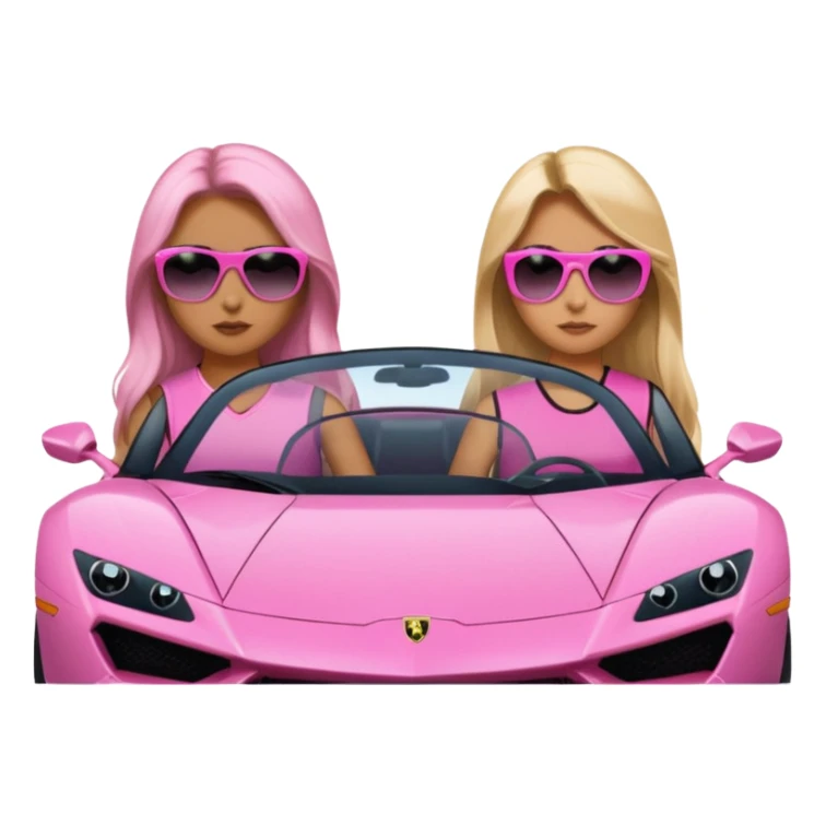 Add sunglasses Make car far away so I can see full car Car facing forward in sports car. Make hair long  two girls in car far away Front of car sitting in the seats. Make it a pink sports car. They are two baddies make it a Lamborghini pink car  sticker