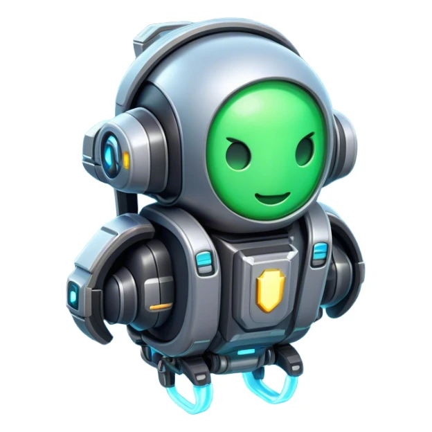 Clash of Clans aesthetic: Cinematic Playful 3D Isometric Jetpack Emoji, rendered in a 3D vector-style similar to standard emojis with minimal shading and bold, simplified shapes. A compact, distinct form with signature details, softly glowing with a futuristic sci-fi warfare charm. Simplified yet unmistakably iconic, highly detailed and consistent, glowing with a soft radiance and high shine. Stylized with a touch of high-tech brilliance and a soft glowing outline, capturing the essence of a beloved gaming relic with a friendly, playful manner! sticker