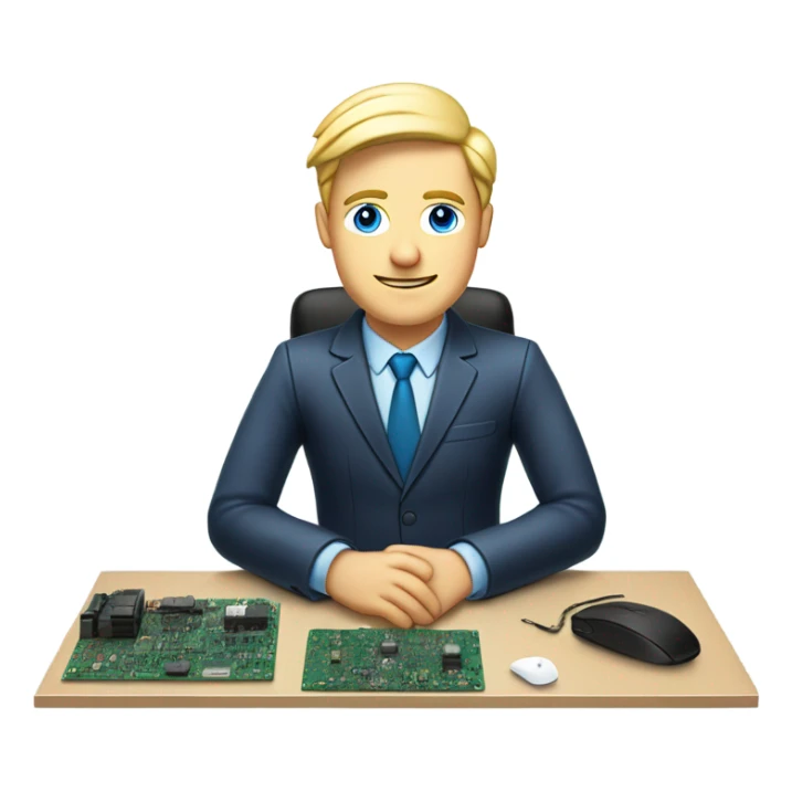 male, european blond with classs, blue eyes, pcb laying on desk sticker