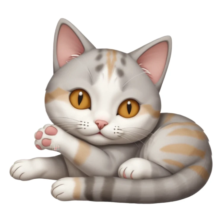 grey and white small cat with its eyes closed lying down with its paw holding up his head sticker