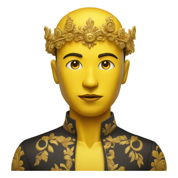 The blank yellow face expression, the ornaments on the head sticker