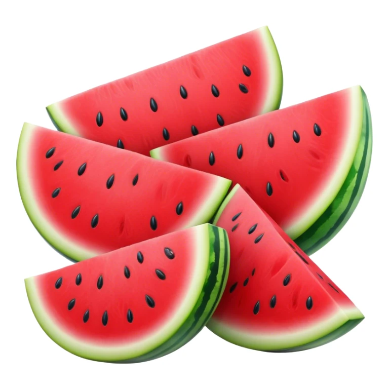 Cinematic juicy watermelon, thick slices revealing vibrant red interior, glossy and glistening with tiny black seeds, fresh and refreshing, soft glowing background, summer vibes. sticker